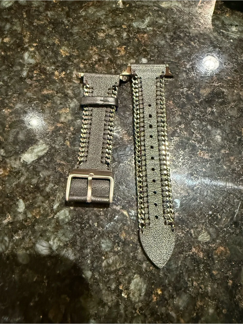 Leather Watch Strap with Chain Accent - Black